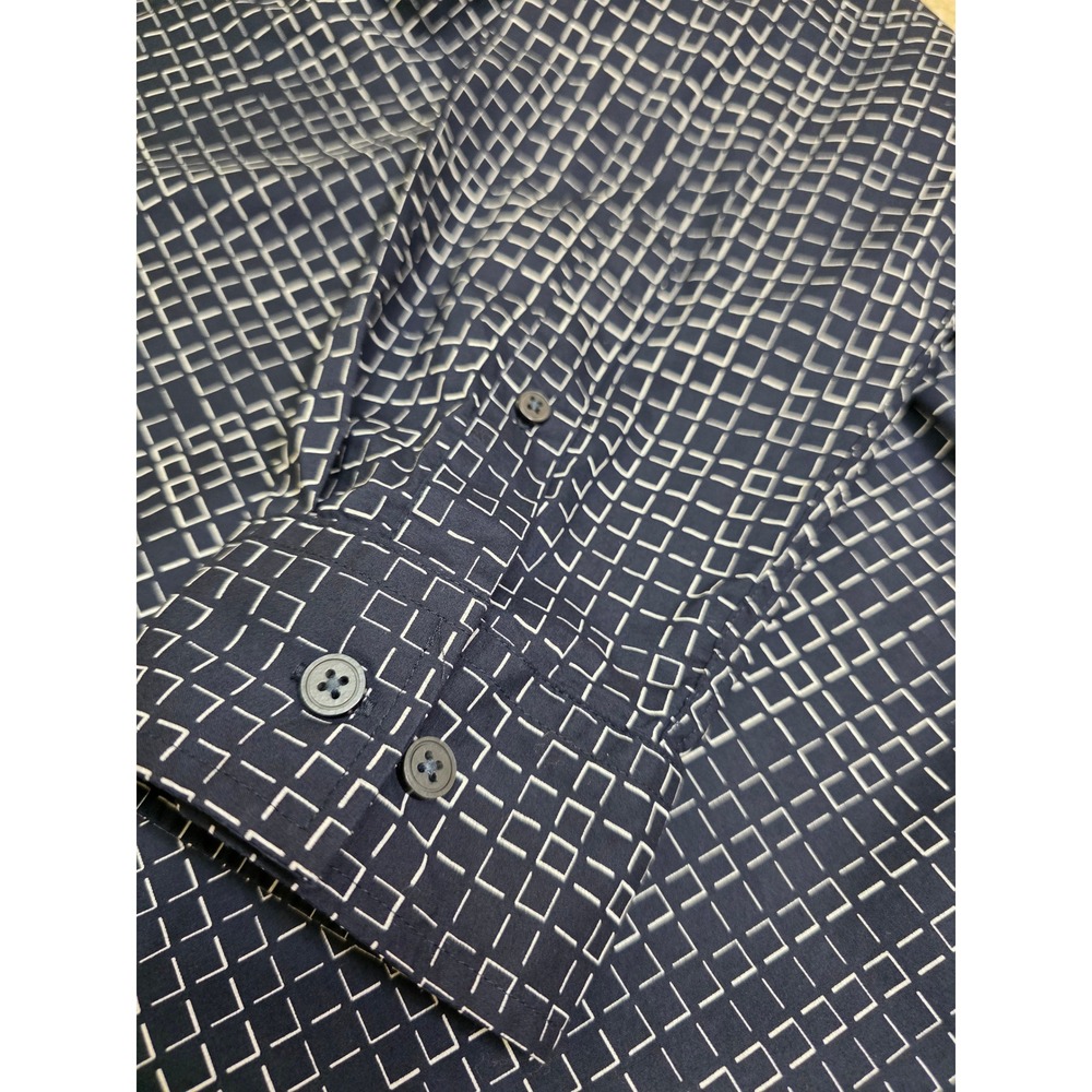Alfani XL Navy Blue White Geometric Grid Button Down Shirt Long Sleeve Cotton - Picture 5 of 8